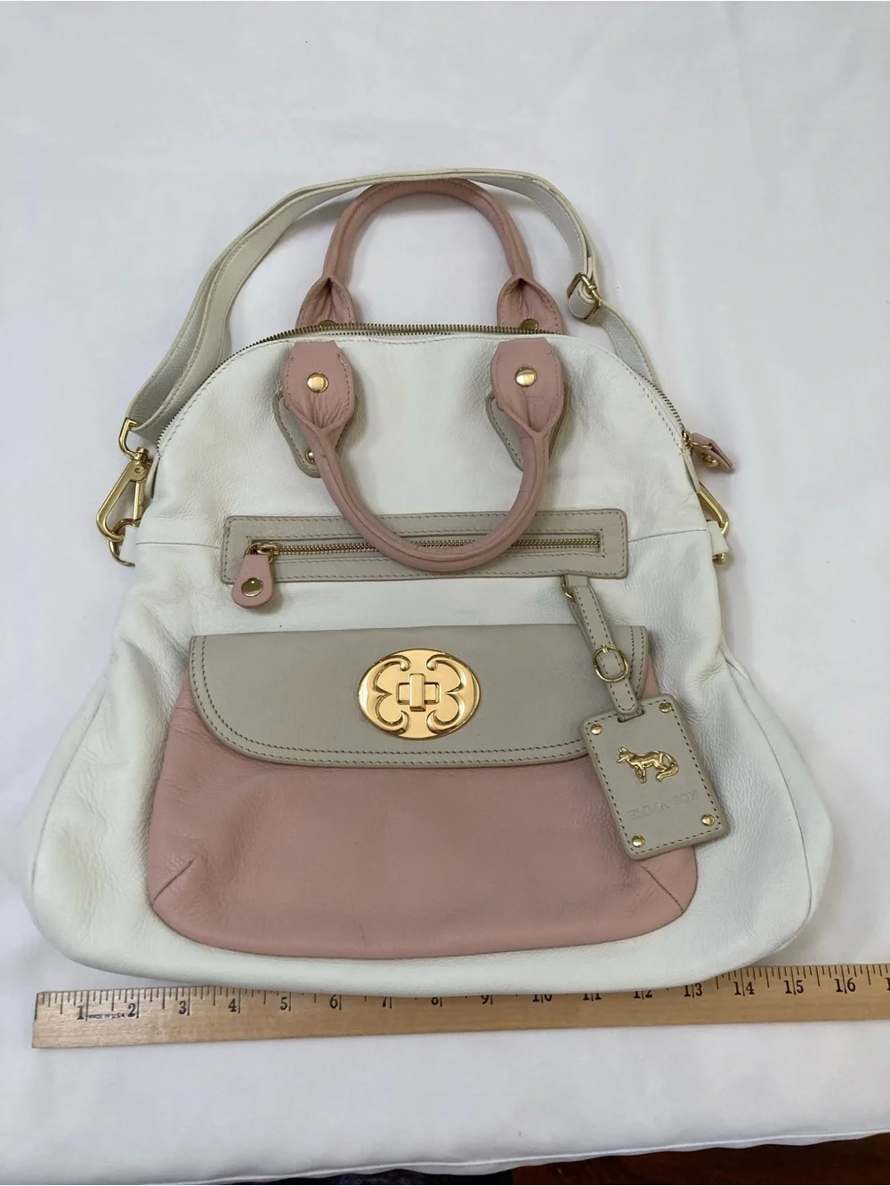 Emma Fox colorblock leather convertible foldover tote satchel in cream/pink